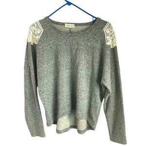 Anthropologie Gray Top with Cream Lace Accents